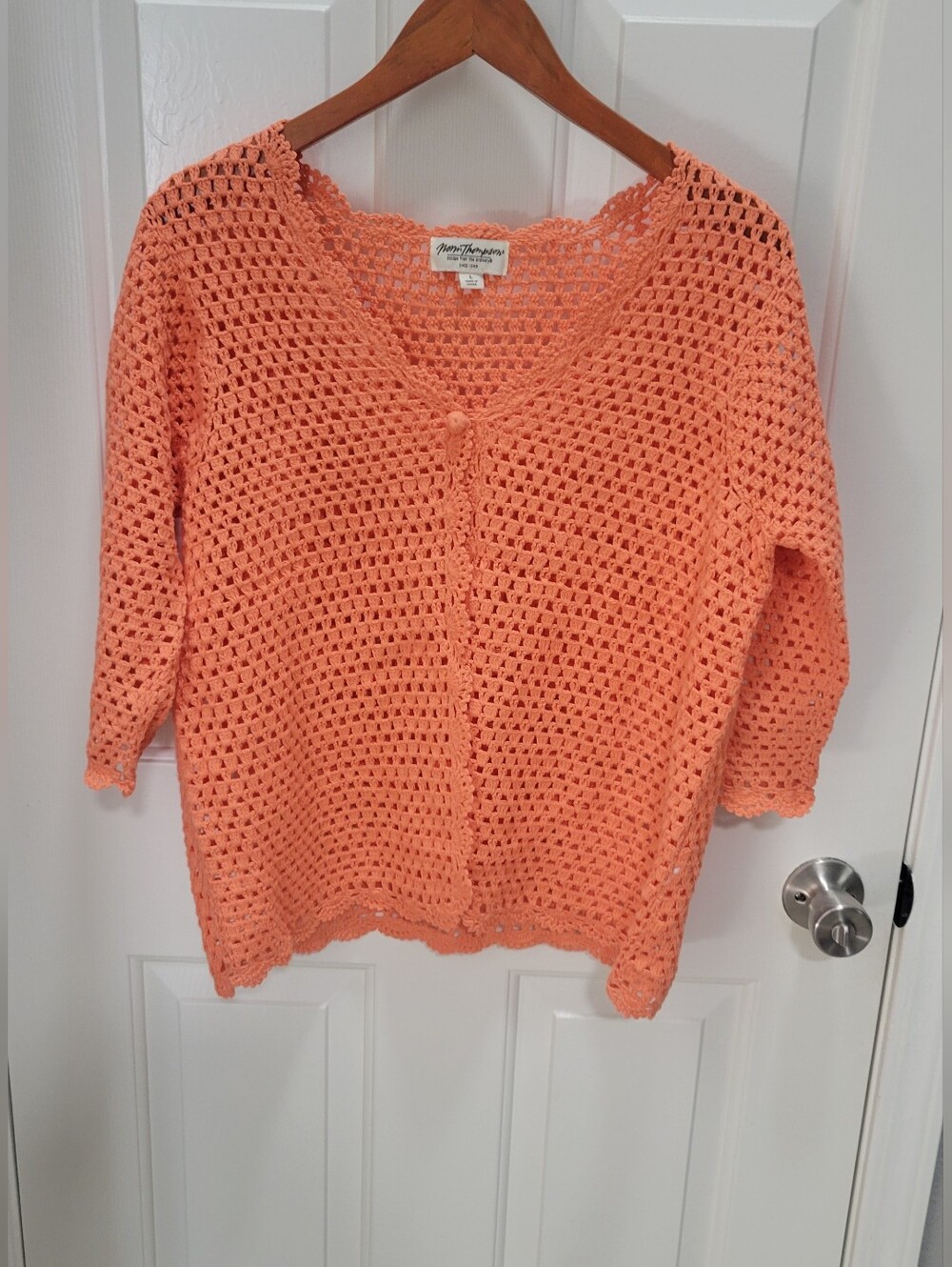 Mom Thompson Peach Crochet Open-Knit Cardigan